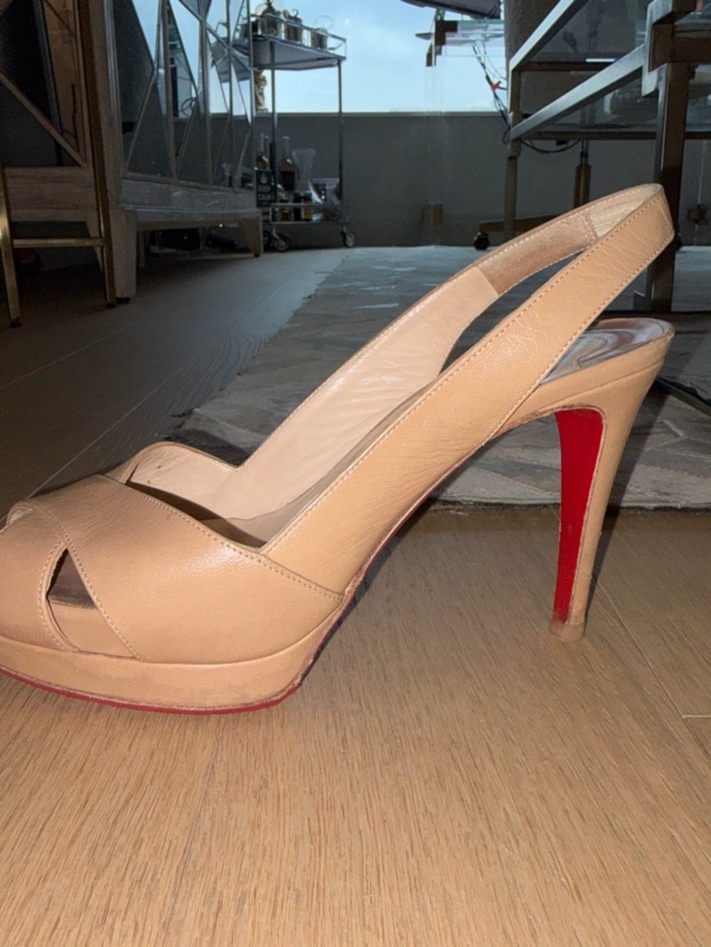 Louis Vuitton Beige Peep-Toe Slingback Heels with Red Sole